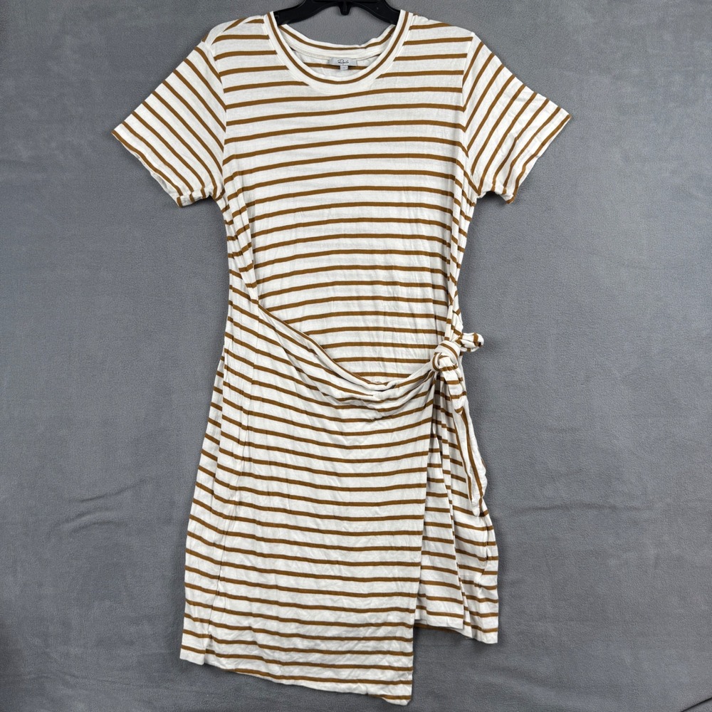 Rails Edie Carmel Stripe Side Tie Cotton T-Shirt Dress Brown White Large